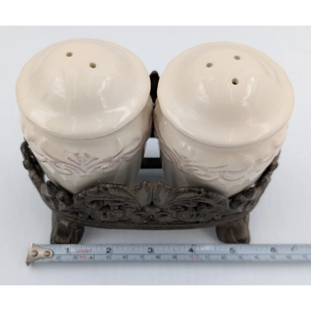 Chris Madden Corvella Ivory Salt Pepper Shaker Set Metal Stand Embossed Scrolls